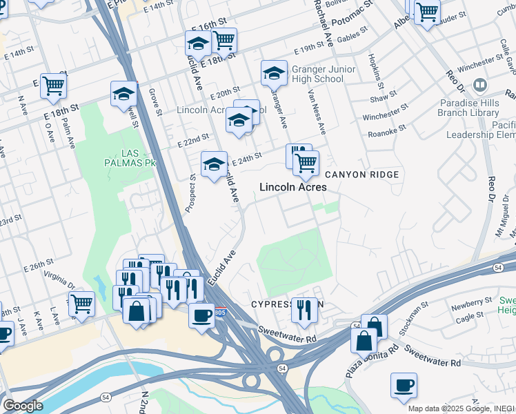 map of restaurants, bars, coffee shops, grocery stores, and more near 2605 Ridgeway Drive in National City