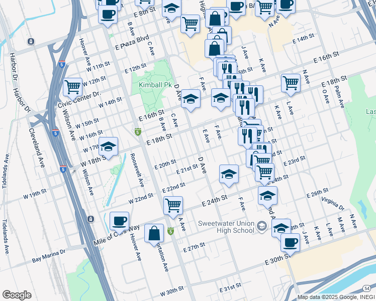 map of restaurants, bars, coffee shops, grocery stores, and more near 1934 D Avenue in National City
