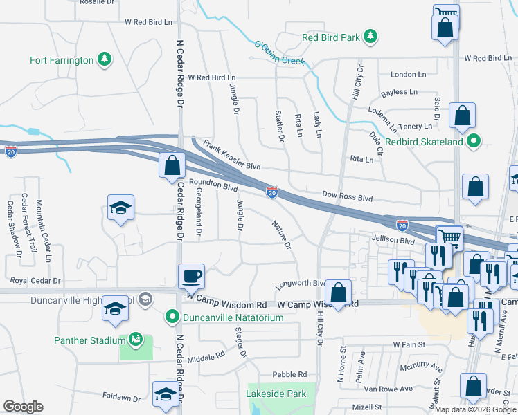 map of restaurants, bars, coffee shops, grocery stores, and more near 5 Roundtop Boulevard in Duncanville
