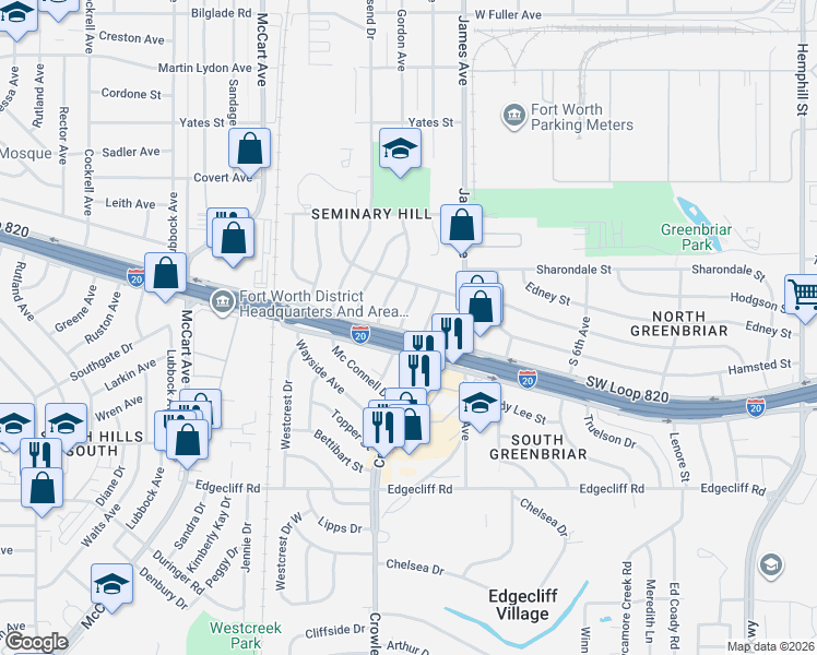 map of restaurants, bars, coffee shops, grocery stores, and more near 5324 Stanley Avenue in Fort Worth