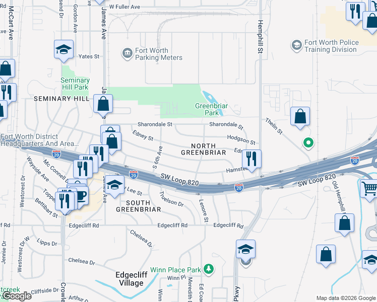 map of restaurants, bars, coffee shops, grocery stores, and more near 1221 Edney Street in Fort Worth