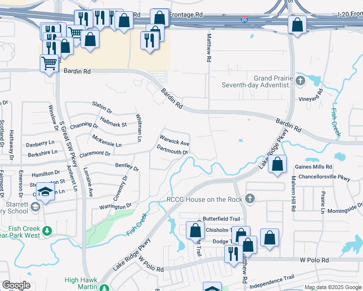 map of restaurants, bars, coffee shops, grocery stores, and more near 2309 Warwick Avenue in Grand Prairie