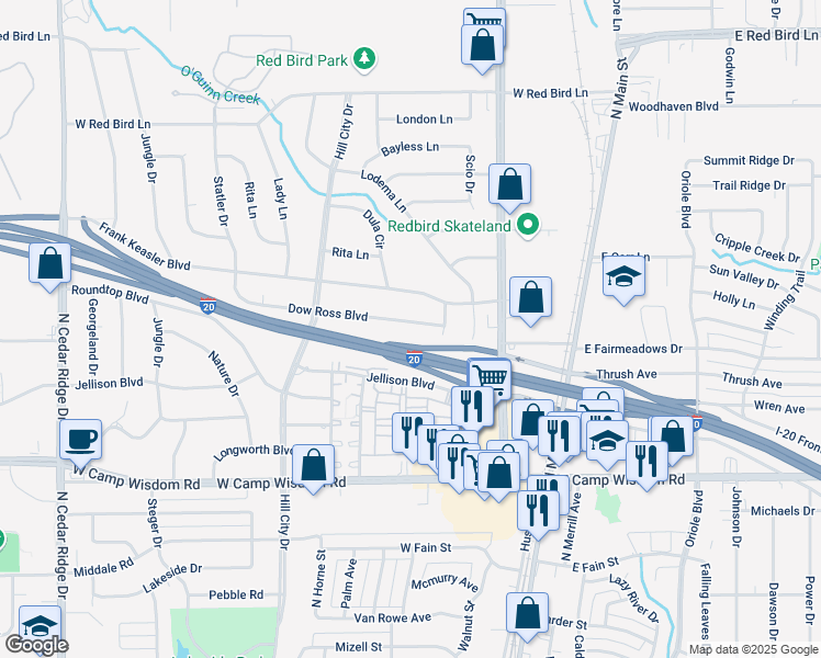 map of restaurants, bars, coffee shops, grocery stores, and more near 318 Dow Ross Boulevard in Duncanville