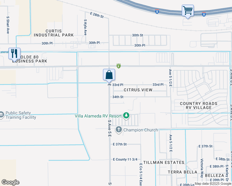 map of restaurants, bars, coffee shops, grocery stores, and more near 5051 33rd Lane in Yuma