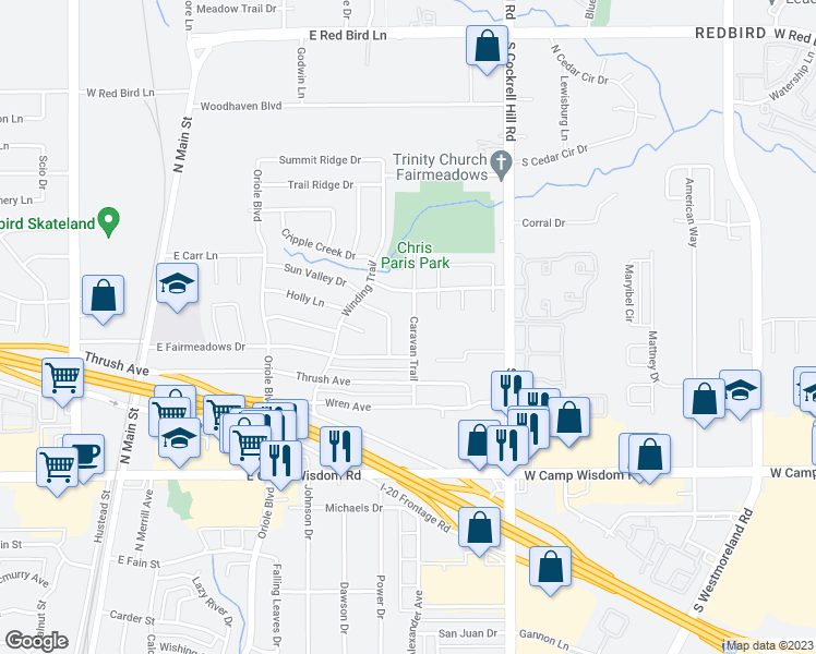 map of restaurants, bars, coffee shops, grocery stores, and more near 1123 Caravan Trail in Duncanville