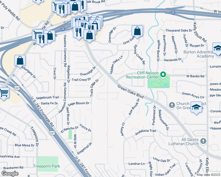 map of restaurants, bars, coffee shops, grocery stores, and more near 4909 Hidden Oaks Lane in Arlington