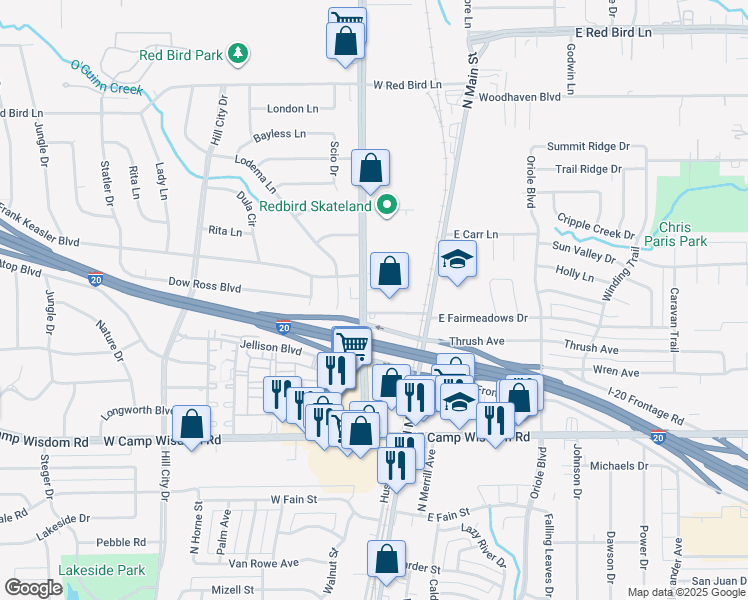 map of restaurants, bars, coffee shops, grocery stores, and more near 1010 North Duncanville Road in Duncanville