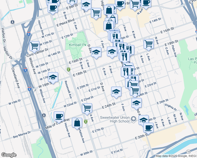 map of restaurants, bars, coffee shops, grocery stores, and more near 1934 D Avenue in National City