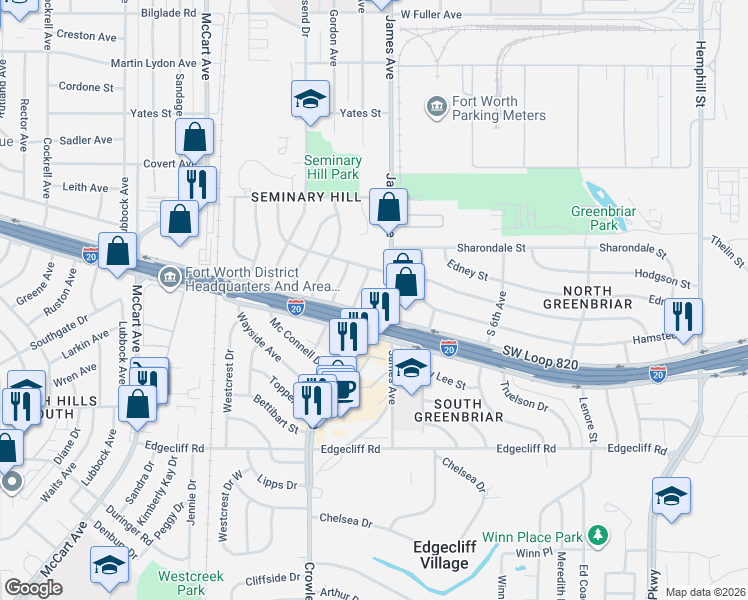 map of restaurants, bars, coffee shops, grocery stores, and more near 5412 Crowley Road in Fort Worth