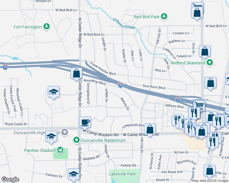 map of restaurants, bars, coffee shops, grocery stores, and more near 5 Roundtop Boulevard in Duncanville