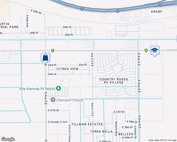 map of restaurants, bars, coffee shops, grocery stores, and more near 9569 33rd Lane in Yuma