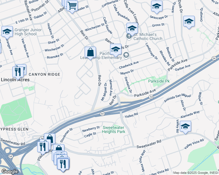map of restaurants, bars, coffee shops, grocery stores, and more near 3045 Marmil Avenue in San Diego