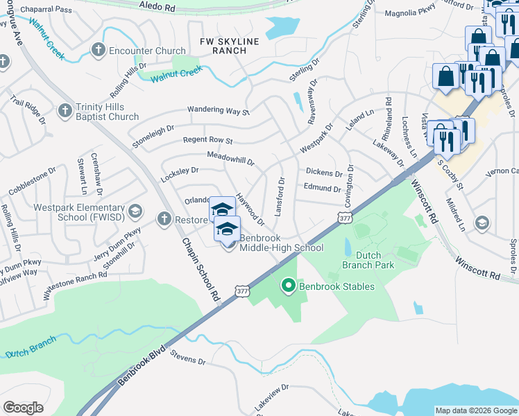 map of restaurants, bars, coffee shops, grocery stores, and more near 209 Meadowhill Drive in Benbrook