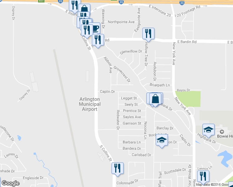 map of restaurants, bars, coffee shops, grocery stores, and more near 4900 Redwater Drive in Arlington