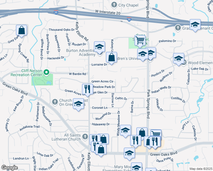 map of restaurants, bars, coffee shops, grocery stores, and more near 4117 Meadowpark Drive in Arlington