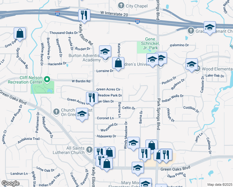 map of restaurants, bars, coffee shops, grocery stores, and more near 4117 Meadowpark Drive in Arlington