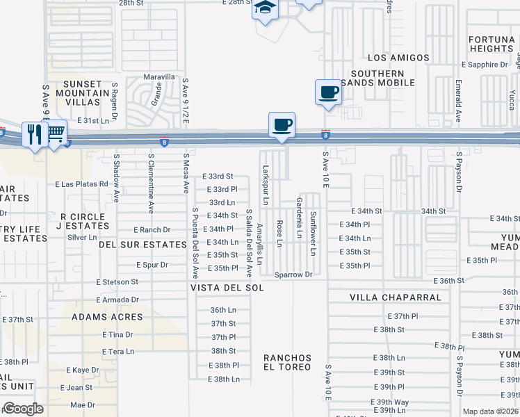 map of restaurants, bars, coffee shops, grocery stores, and more near Amaryllis Lane in Yuma