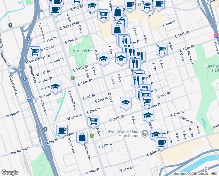 map of restaurants, bars, coffee shops, grocery stores, and more near 1947 D Avenue in National City