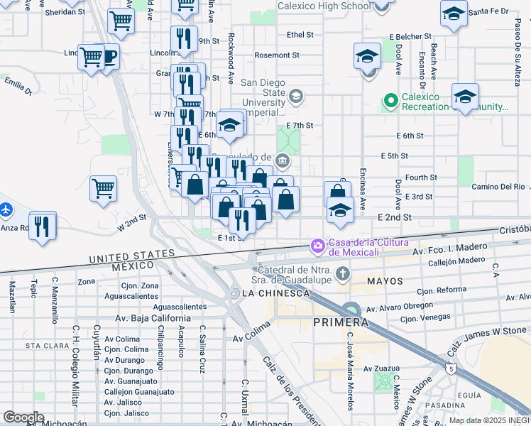 map of restaurants, bars, coffee shops, grocery stores, and more near 355 East 2nd Street in Calexico