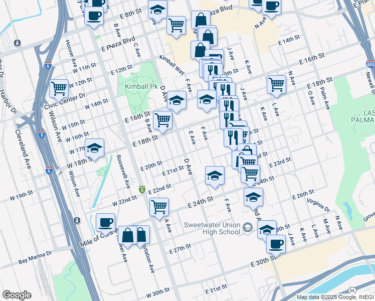 map of restaurants, bars, coffee shops, grocery stores, and more near 1947 D Avenue in National City