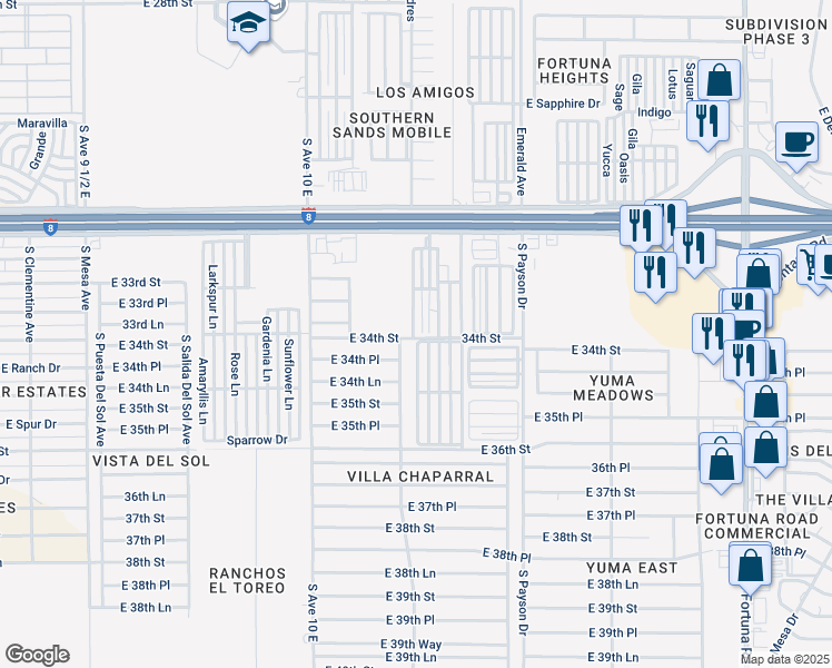 map of restaurants, bars, coffee shops, grocery stores, and more near 10247 South Frontage Road in Yuma