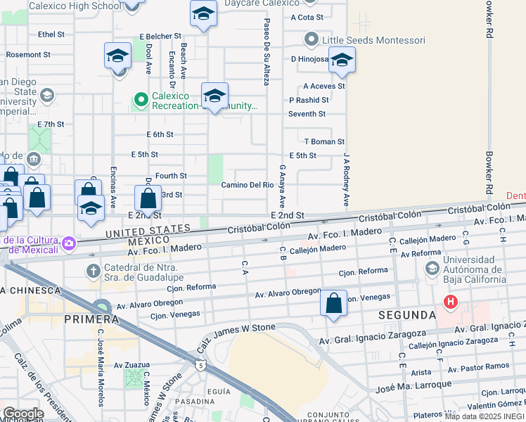 map of restaurants, bars, coffee shops, grocery stores, and more near 1165 East 2nd Street in Calexico