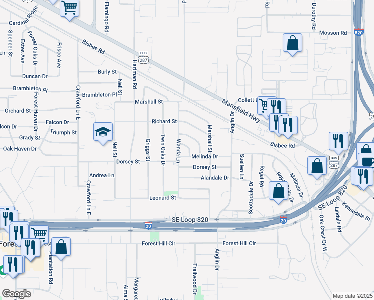 map of restaurants, bars, coffee shops, grocery stores, and more near 4708 Forest Knoll Drive in Forest Hill