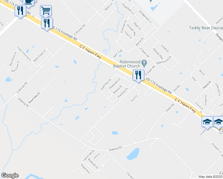 map of restaurants, bars, coffee shops, grocery stores, and more near 123 Pheasant Ln in Seagoville