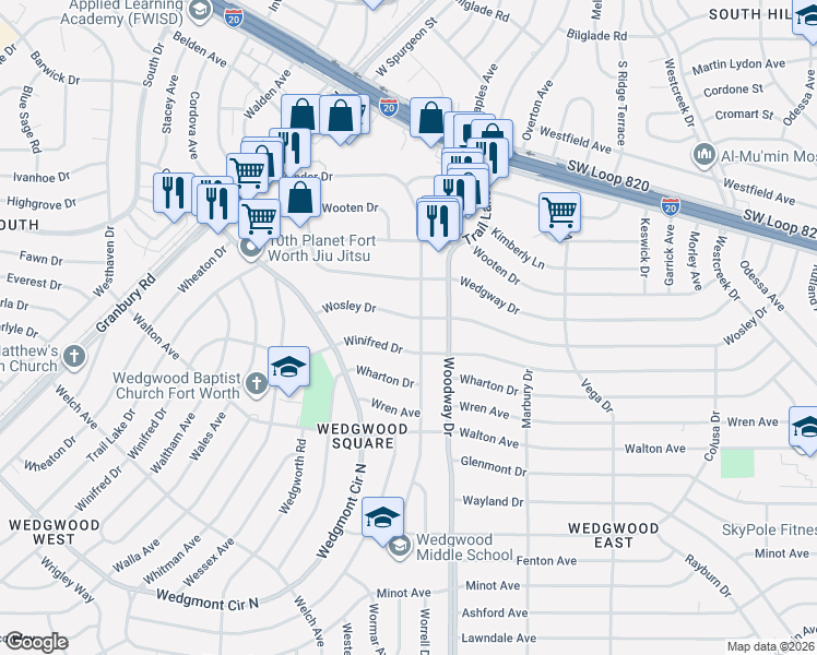 map of restaurants, bars, coffee shops, grocery stores, and more near 3905 Wosley Drive in Fort Worth