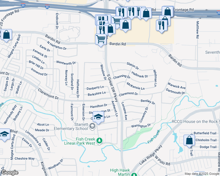map of restaurants, bars, coffee shops, grocery stores, and more near 4209 Amherst Lane in Grand Prairie
