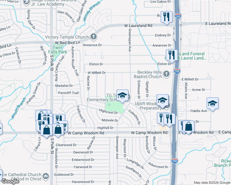 map of restaurants, bars, coffee shops, grocery stores, and more near 6628 Meade Street in Dallas
