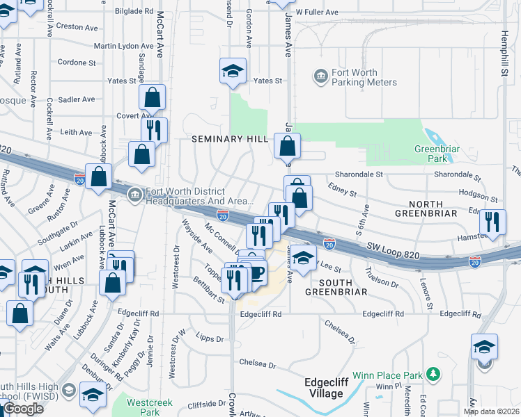 map of restaurants, bars, coffee shops, grocery stores, and more near 5324 Stanley Avenue in Fort Worth