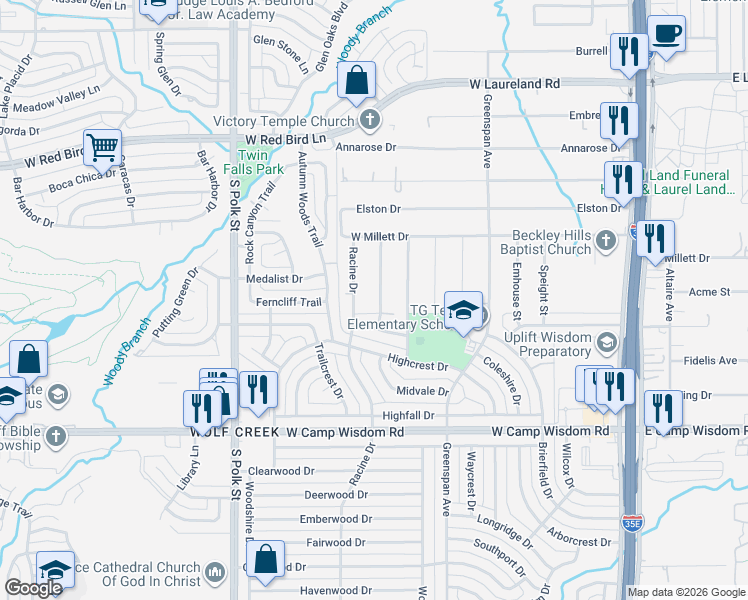 map of restaurants, bars, coffee shops, grocery stores, and more near 6629 Glade Street in Dallas