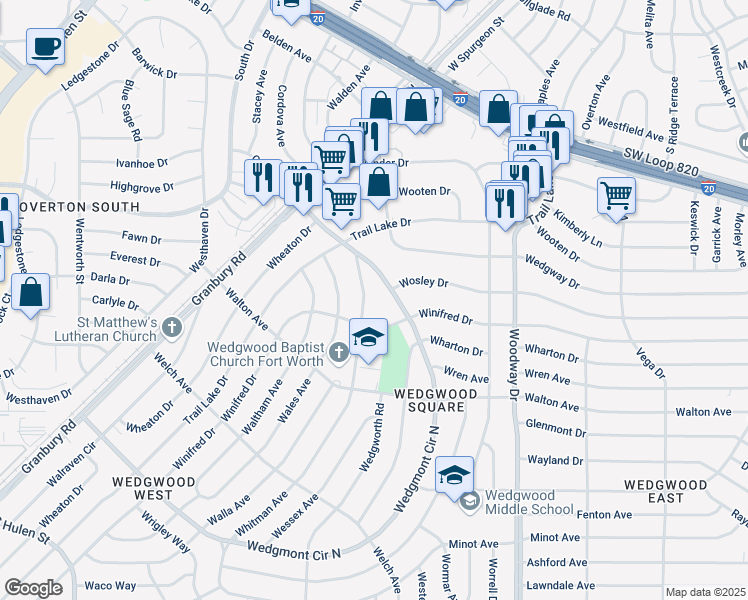 map of restaurants, bars, coffee shops, grocery stores, and more near 5437 Whitman Ave in Fort Worth