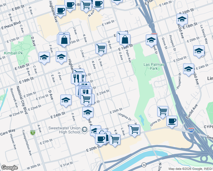 map of restaurants, bars, coffee shops, grocery stores, and more near 2206 L Avenue in National City
