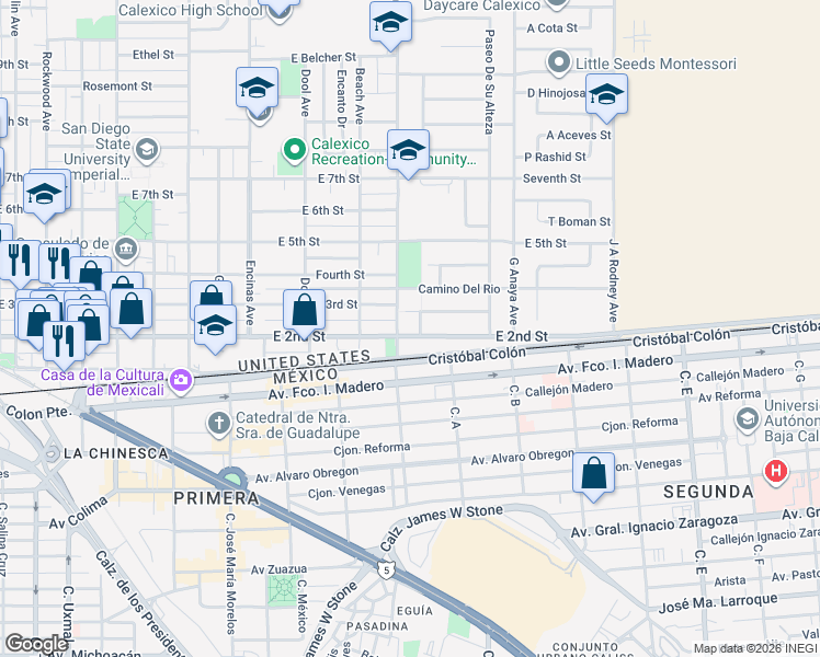 map of restaurants, bars, coffee shops, grocery stores, and more near 1105 East 2nd Street in Calexico