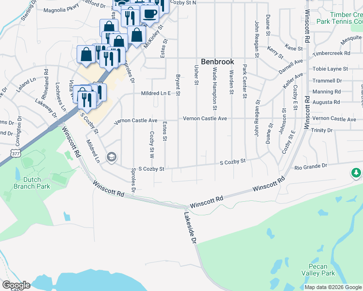 map of restaurants, bars, coffee shops, grocery stores, and more near 1219 Bryant Street in Benbrook