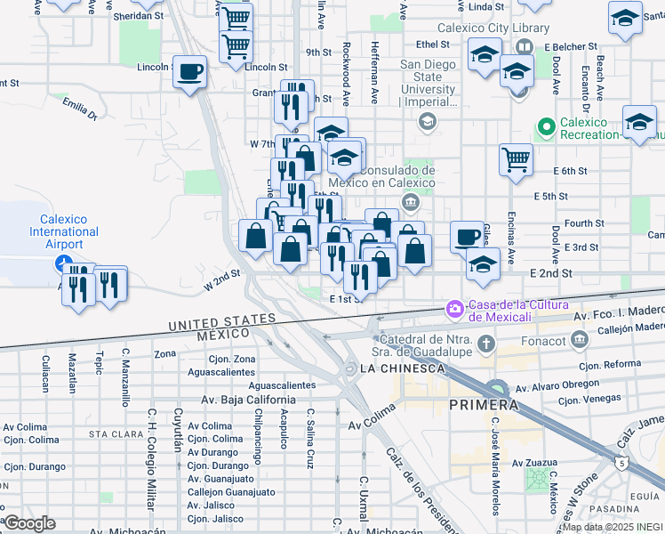 map of restaurants, bars, coffee shops, grocery stores, and more near 127 East 2nd Street in Calexico