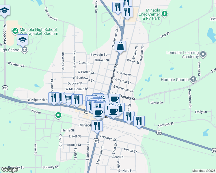 map of restaurants, bars, coffee shops, grocery stores, and more near 417 North Pacific Street in Mineola