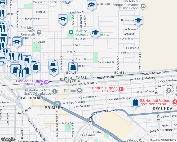 map of restaurants, bars, coffee shops, grocery stores, and more near 1013 East 2nd Street in Calexico