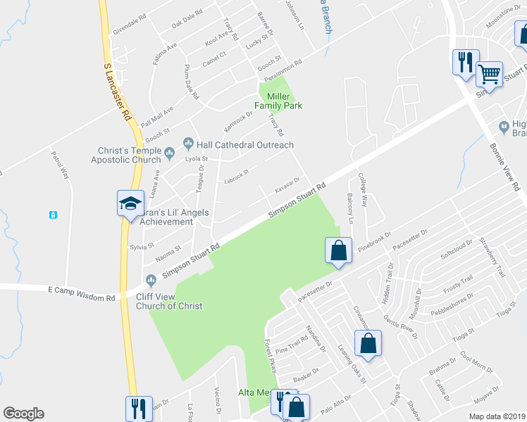map of restaurants, bars, coffee shops, grocery stores, and more near 2837 Simpson Stuart Road in Dallas