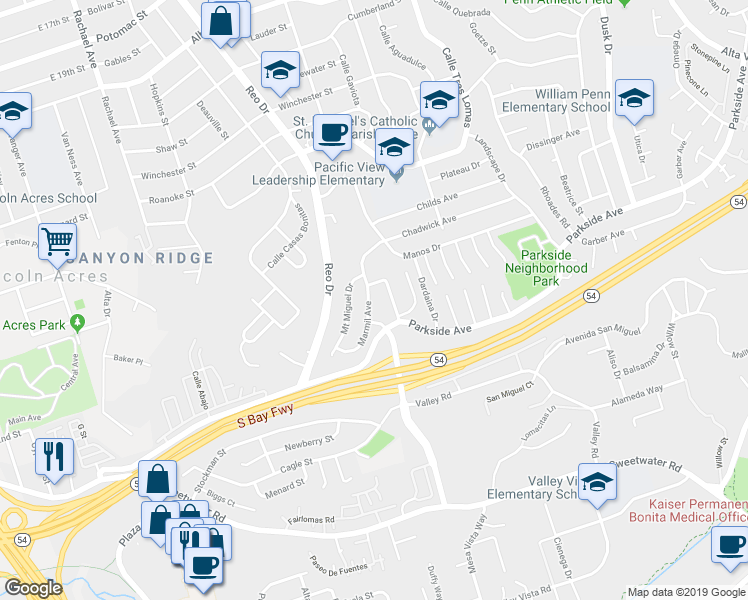 map of restaurants, bars, coffee shops, grocery stores, and more near 3045 Marmil Avenue in San Diego