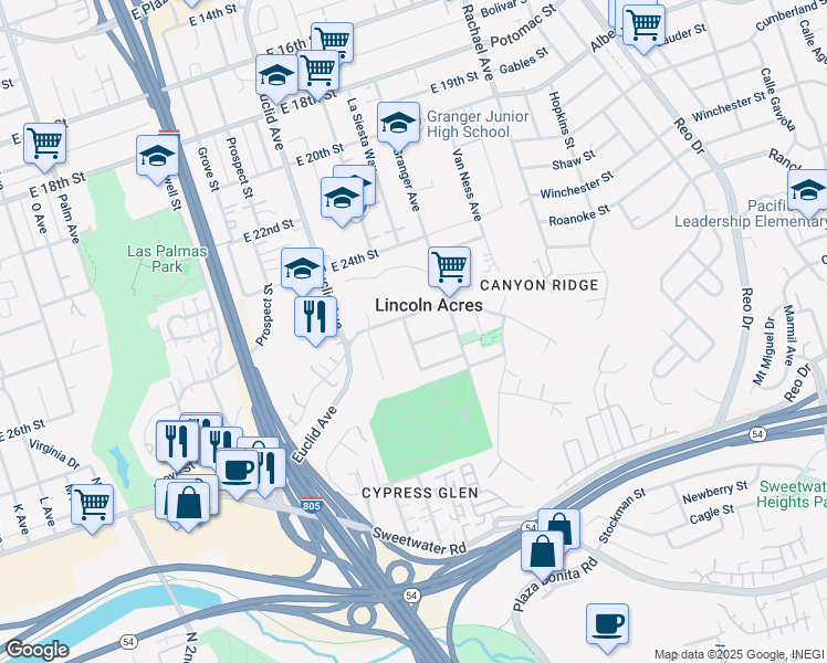 map of restaurants, bars, coffee shops, grocery stores, and more near 2625 Gwynne Avenue in National City