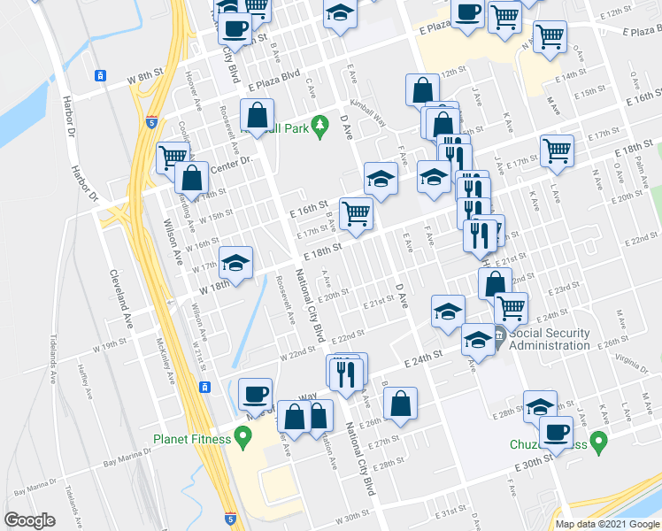 map of restaurants, bars, coffee shops, grocery stores, and more near 1837 A Avenue in National City