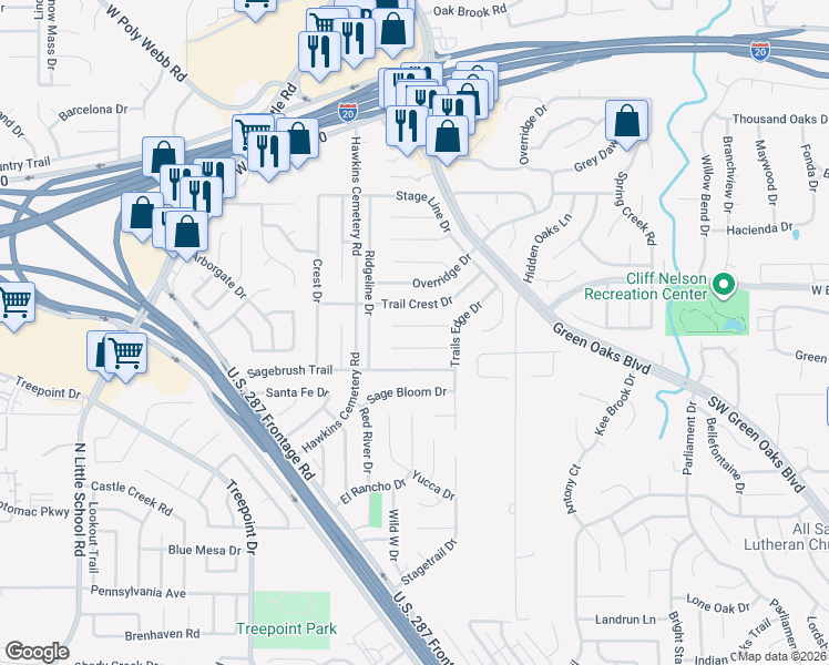 map of restaurants, bars, coffee shops, grocery stores, and more near 5714 Trails Edge Court in Arlington