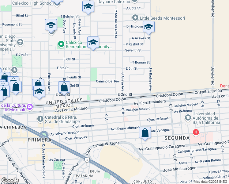 map of restaurants, bars, coffee shops, grocery stores, and more near 1165 East 2nd Street in Calexico