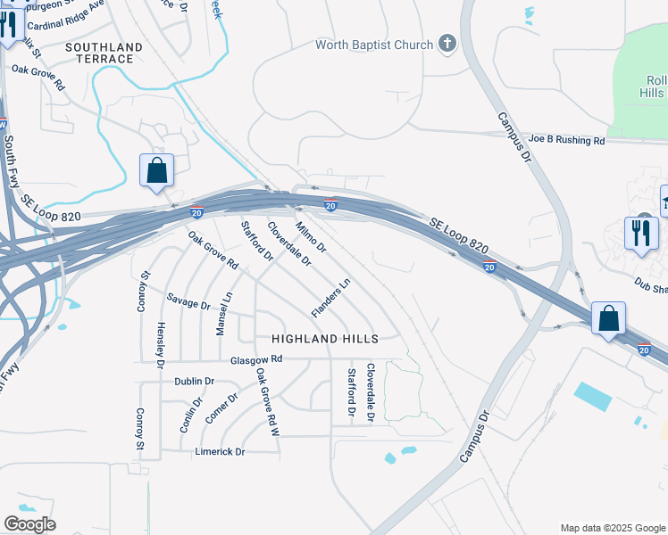 map of restaurants, bars, coffee shops, grocery stores, and more near 1441 Milmo Drive in Fort Worth