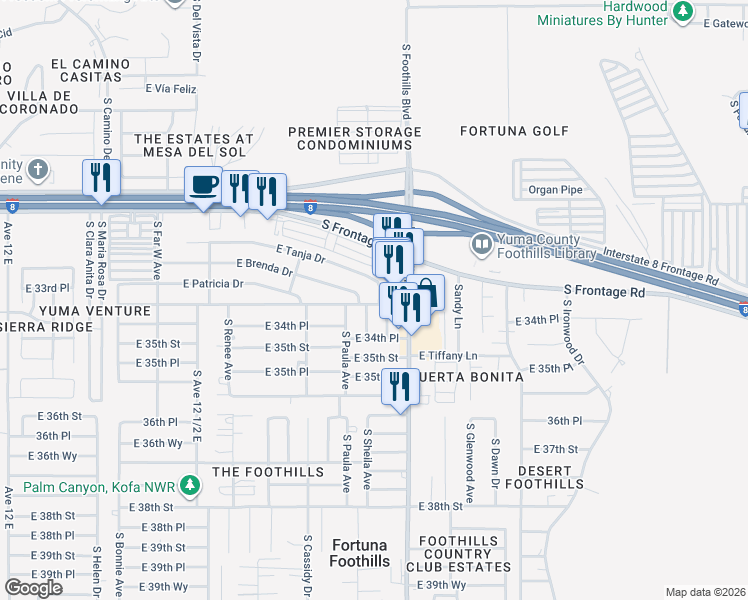 map of restaurants, bars, coffee shops, grocery stores, and more near 11277-11299 South Tanja Drive in Yuma