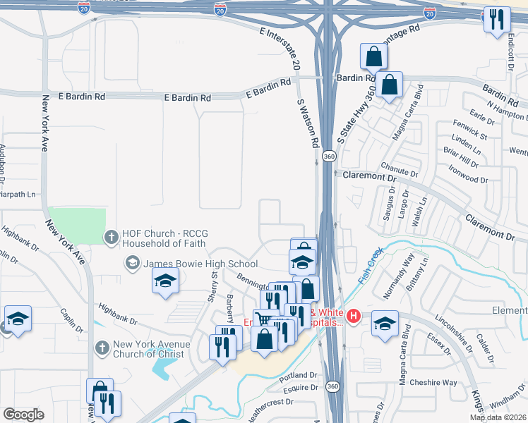 map of restaurants, bars, coffee shops, grocery stores, and more near 5007 Eastcreek Drive in Arlington