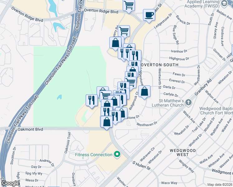 map of restaurants, bars, coffee shops, grocery stores, and more near 5700 South Hulen Street in Fort Worth